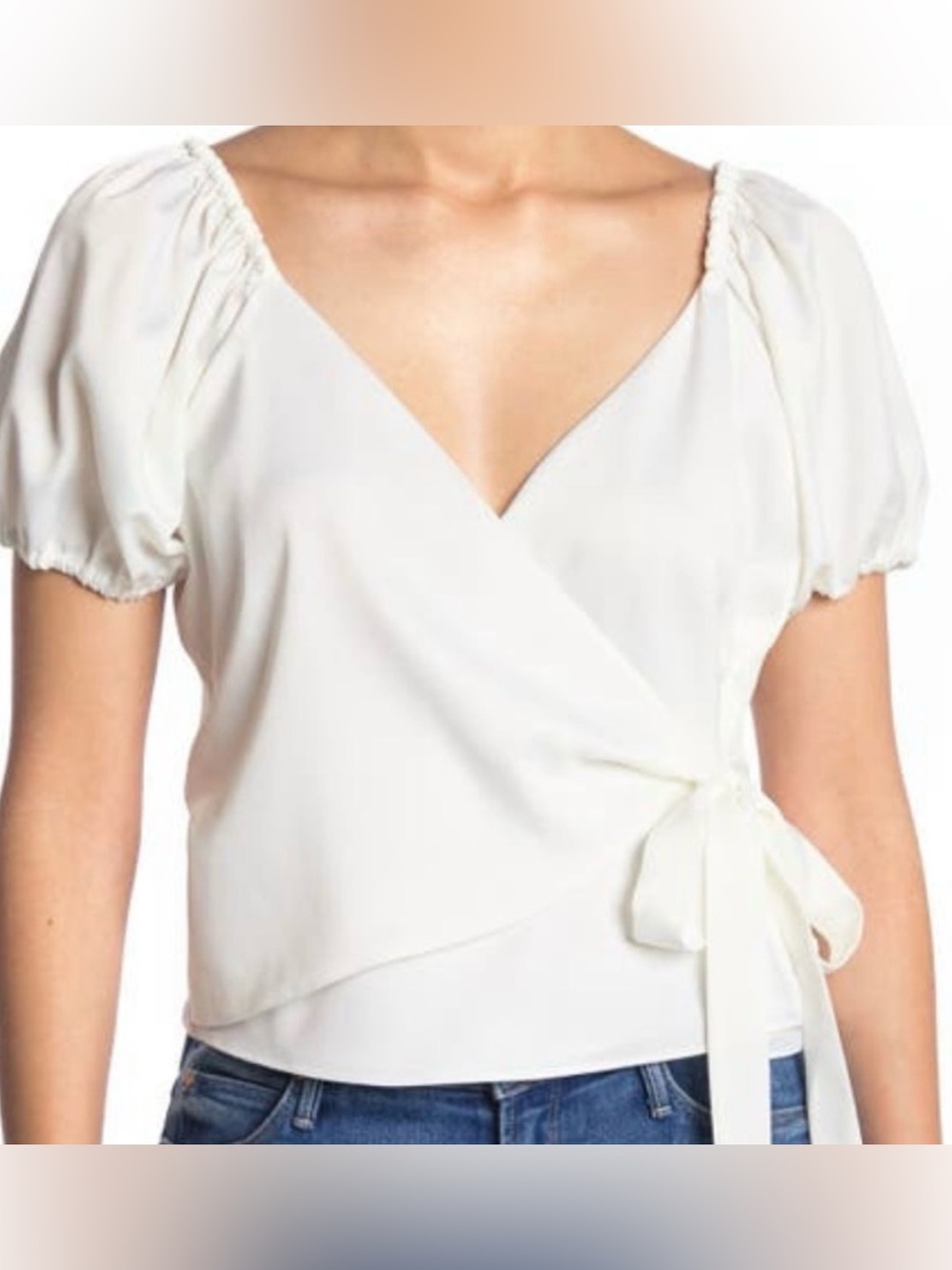 Women's Cream Wrap Tie Puff Sleeve Top Sz Medium